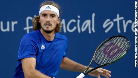 Stefanos Tsitsipas during his match against Lorenzo Sonego during the Western &amp; Southern Open this week. 