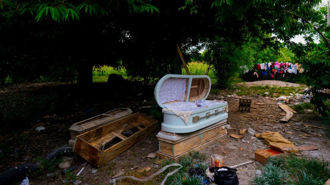 A coffin under construction sits in the backyard of carpenter Chery Jeanne&#39;s home in Les Cayes on August 19. Jeanne had already built five coffins for earthquake victims.