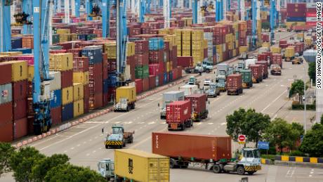 Containers are shown at Ningbo-Zhoushan port on August 15, 2021.