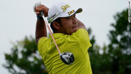 Hideki Matsuyama watches his shot off the third tee in the second round at the Northern Trust golf tournament, Friday, Aug. 20, 2021, at Liberty National Golf Course in Jersey City, N.J. 