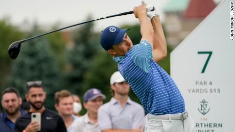 Jordan Spieth watches his shot off the seventh tee in the second round. Spieth&#39;s round included two eagles.