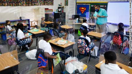 Students inside a classroom during the first day of classes at a private school in North Miami Beach, Florida on  Aug. 18.