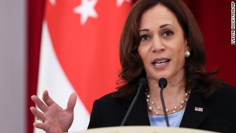 U.S. Vice President Kamala Harris attends a joint news conference with Singapore&#39;s Prime Minister Lee Hsien Loong in Singapore Monday, Aug. 23, 2021. (Evelyn Hockstein/Pool Photo via AP)