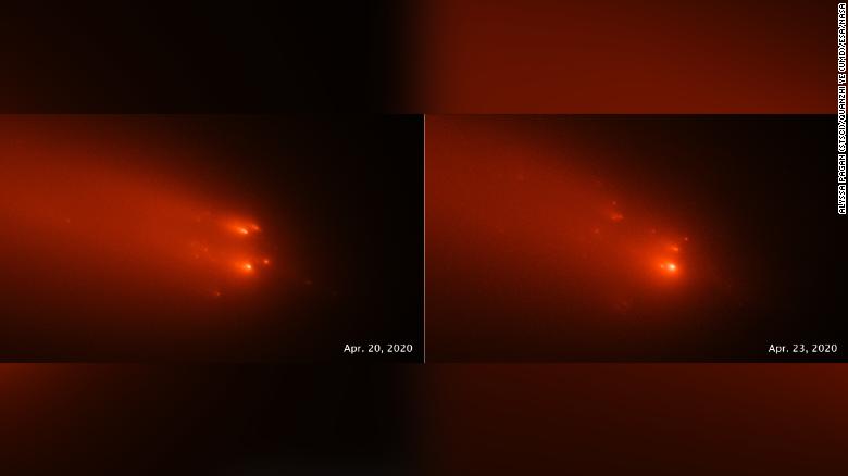 These Hubble images taken on April 20 and April 23, 2020, reveal the breakup of comet ATLAS. 