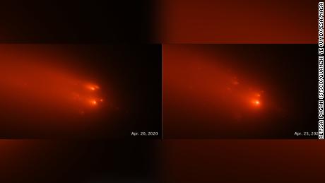 These Hubble images taken on April 20 and April 23, 2020, reveal the breakup of comet ATLAS. 