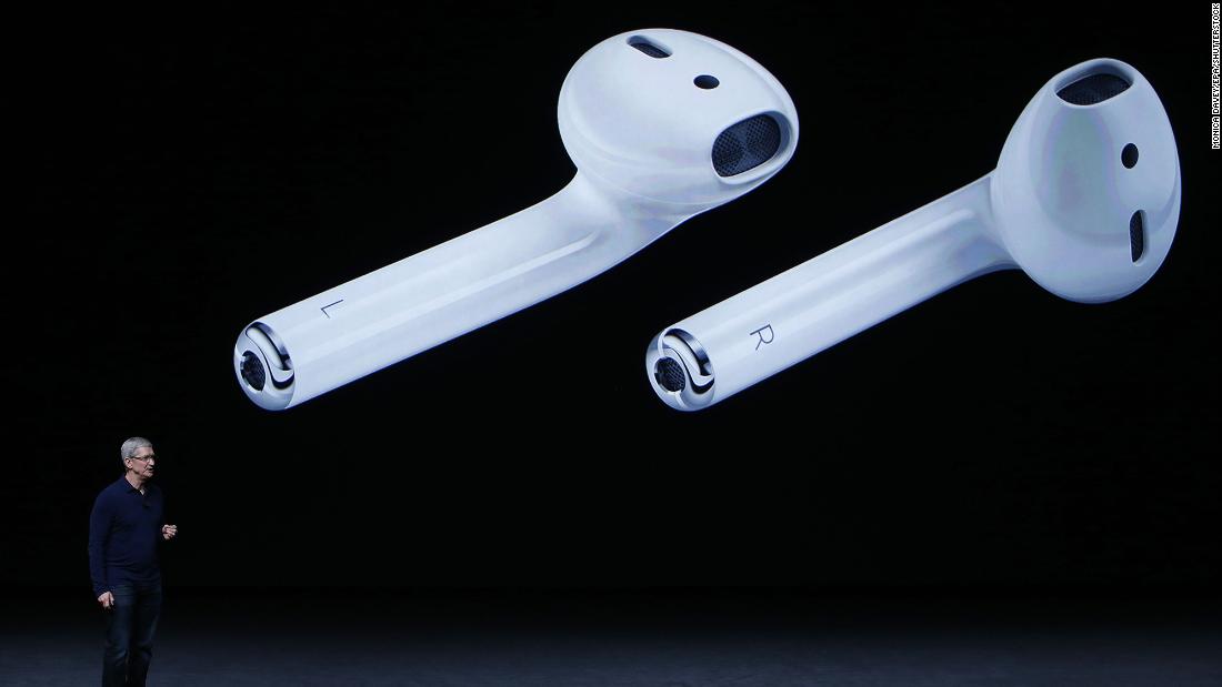 Cook speaks during the launch of Apple&#39;s AirPods at the Bill Graham Civic Auditorium in San Francisco on September 7, 2016.