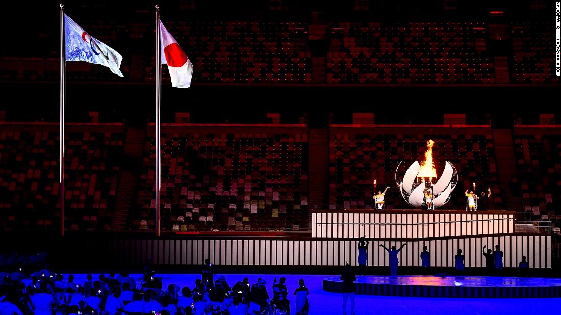 The Paralympic cauldron is lit by three Japanese athletes during the opening ceremony in Tokyo on August 24. The athletes who lit the cauldron were powerlifter Karin Morisaki, wheelchair tennis player Yui Kamiji and boccia player Shunsuke Uchida.