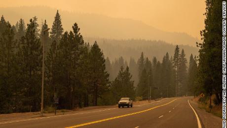 Smoke from the Caldor Fire is heavy in the air in El Dorado County, Calif., On August 18.