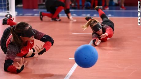 Maryam Salehizadeh and Meghan Mahon of Canada in action during a goalball match with the Russian Olympic Committee on August 25 in Chiba, Japan.