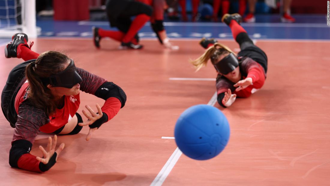 Canada&#39;s Maryam Salehizadeh and Meghan Mahon compete in goalball, a team sport designed for athletes with a vision impairment, on August 25.