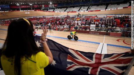 Paige Greco of Australia competes in the C1-3 3000m Individual Pursuit Qualifier at Izu Velodrome on Day 1 during the Tokyo 2020 Paralympic Summer Games in Shizuoka, Japan.