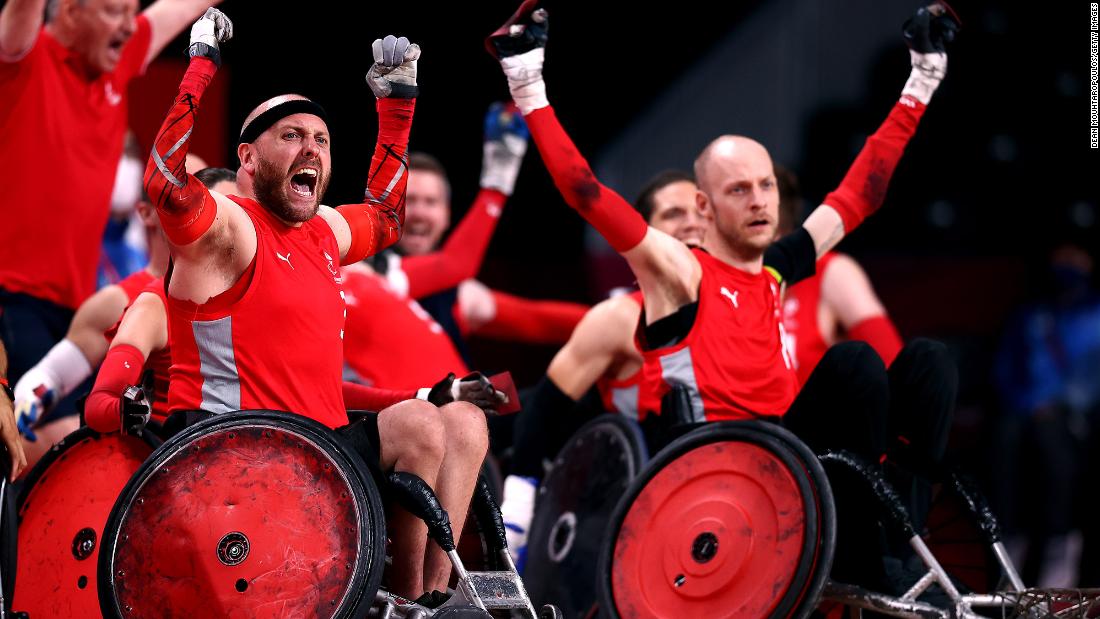 Danish athletes celebrate after beating Australia in a wheelchair rugby match on August 25.