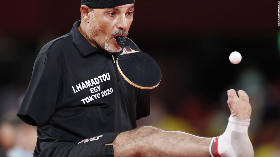 Egypt&#39;s Ibrahim Elhusseiny Hamadtou plays a table-tennis match on August 25.