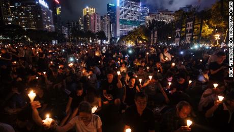 Attendees gather at a vigil to commemorate the Tiananmen Square crackdown in Hong Kong on June 4, 2019.