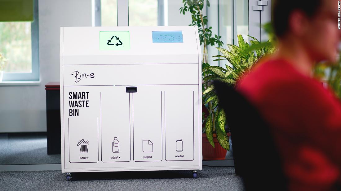 This smart-bin from &lt;a href=&quot;https://www.bine.world/&quot; target=&quot;_blank&quot;&gt;Bin-e&lt;/a&gt; has sensors and uses artificial intelligence to recognize and sort objects. It automatically opens when approached with trash, compresses waste, and notifies the waste disposal company when the bin is full -- automating waste management. 
