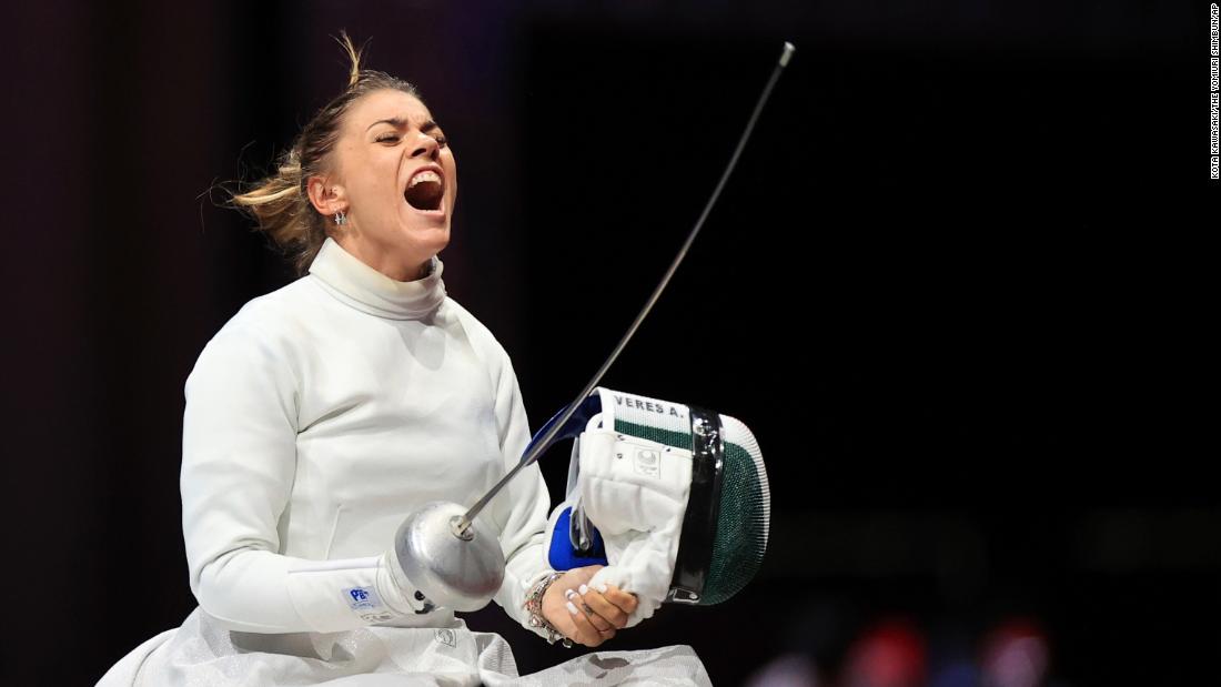 Hungarian fencer Amarilla Veres reacts after winning gold in the epee on August 26.