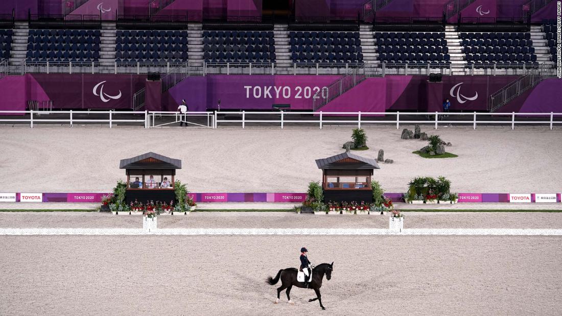 Great Britain&#39;s Sophie Wells competes in dressage on August 26.