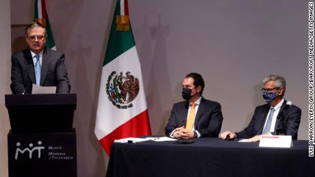 Mexico&#39;s Minister of Foreign Affairs, Marcelo Ebrard, speaks during a press conference to announces the lawsuit on August 4, 2021 in Mexico City.