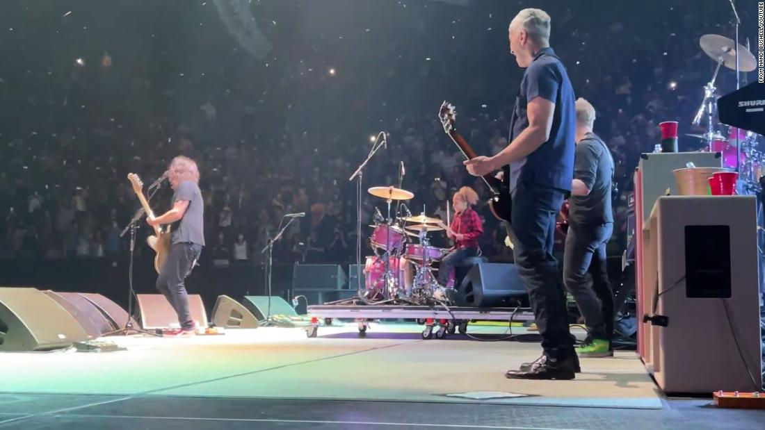 Nandi Bushell, 11-year-old drummer, plays with the Foo Fighters