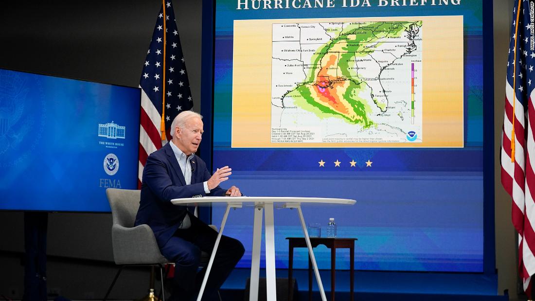 President Joe Biden speaks during a FEMA briefing on Hurricane Ida on Saturday. &quot;This weekend is the anniversary of Hurricane Katrina,&quot; Biden said, &quot;and it&#39;s a stark reminder that we have to do everything we can to prepare the people in the region to make sure we&#39;re ready to respond.&quot;