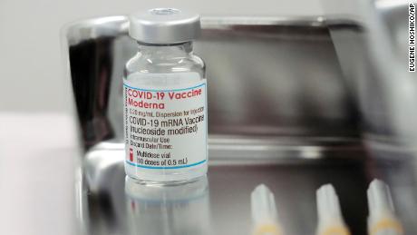 A vial of the Moderna coronavirus vaccine for Covid-19 is seen at an inoculation venue at Haneda Airport in Tokyo on June 14, 2021, in this file image.