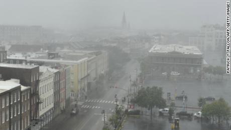 Rain batters Canal Street in New Orleans, Louisiana on August 29, 2021, after Hurricane Ida made landfall. 