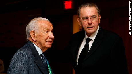 IOC President Jacques Rogge, right, stands with his predecessor, Juan Antonio Samaranch, at the Opening Ceremony of the 2010 Vancouver Winter Olympics on February 12, 2010.