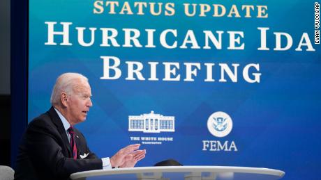 President Joe Biden speaks during a virtual meeting with FEMA Administrator Deanne Criswell and governors and mayors of areas impacted by Hurricane Ida, in the South Court Auditorium on the White House campus, Monday, Aug. 30, 2021, in Washington. 