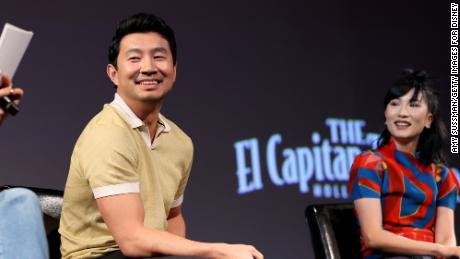 Stars Simu Liu and Meng&#39;er Zhang at a Q&amp;A for &quot;Shang-Chi and the Legend of the Ten Rings&quot; in Los Angeles on August 23.