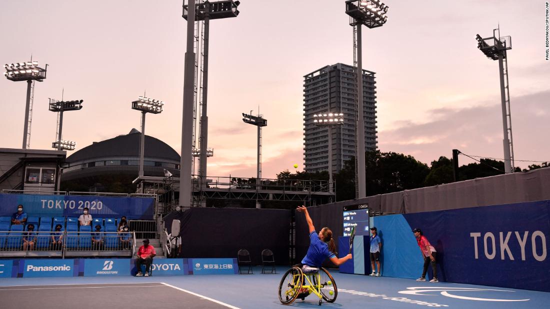 Russia&#39;s Viktoriia Lvova serves a ball during a wheelchair tennis match against Japan&#39;s Momoko Ohtani on Monday, August 30.