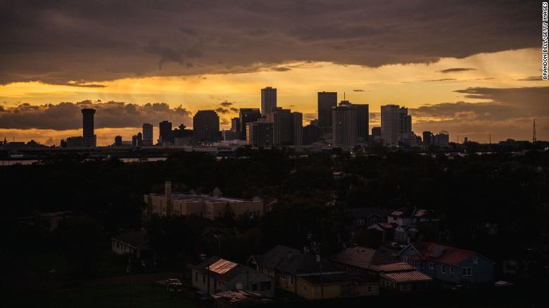 The downtown skyline is shown after Hurricane Ida passed through on August 30 in New Orleans, Louisiana.