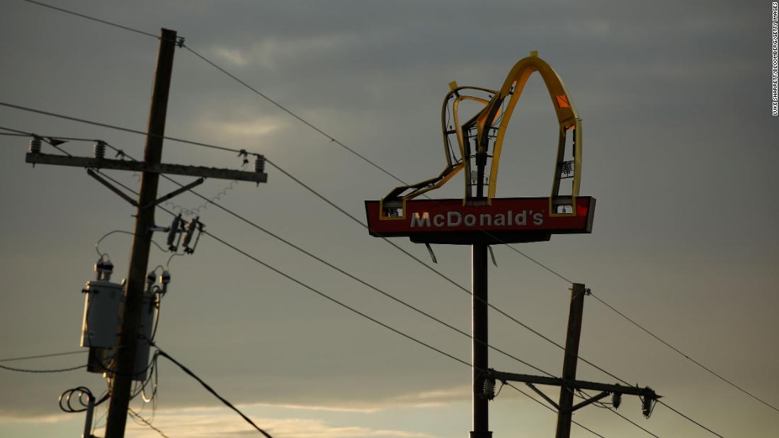 A McDonald&#39;s sign is damaged in Raceland, Louisiana, on Monday.