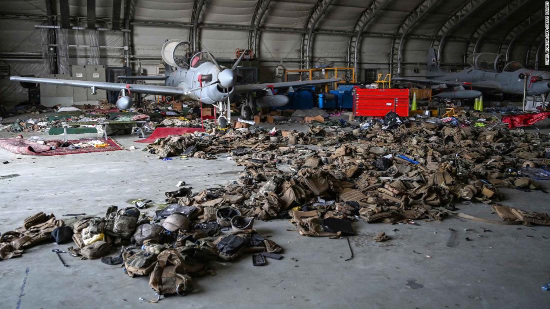 Afghan Air Force attack aircraft are pictured amid armored vests inside a hangar at the Kabul airport on August 31. Pentagon Press Secretary John Kirby said the US military had made &quot;unusable all the gear that is at the airport -- all the aircraft, all the ground vehicles.&quot;