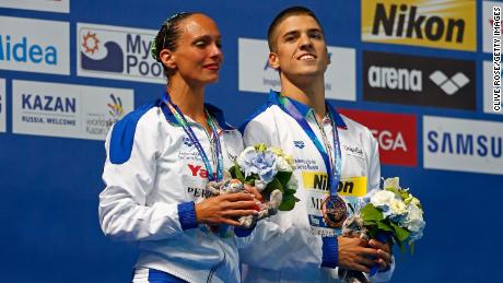 In an industry where male artistic swimmers are facing homophobia and prejudice, Minisini hopes to strive for change. He represented Italy at the 2015 World Aquatics Championships in Kazan, Russia, when men were finally allowed to compete internationally, and claimed two bronze medals, including one in the mixed duet free with Mariangela Perrupato (left).