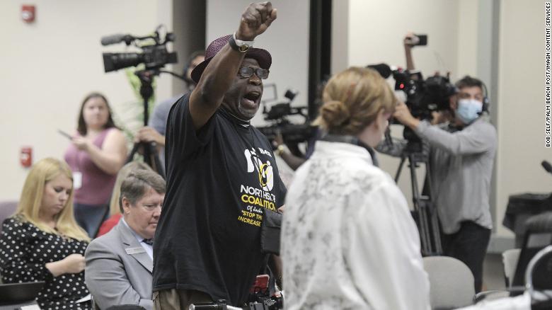 Ben Frazier, the founder of the Northside Coalition of Jacksonville, chants &quot;Allow teachers to teach the truth&quot; at the end of his public comments opposing Florida&#39;s plan to ban critical race theory in public schools, June 10, 2021.