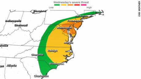 A risk of severe storms from the Mid-Atlantic to Northeast