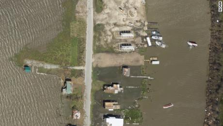An aerial image taken a day after Ida shows capsized boats near Highway 56 in southeastern Louisiana.