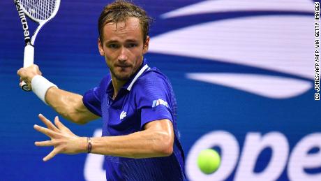 Russia&#39;s Daniil Medvedev hits a return to France&#39;s Richard Gasquet during their 2021 US Open Tennis tournament men&#39;s singles first round match at the USTA Billie Jean King National Tennis Center in New York, on August 30, 2021. (Photo by Ed JONES / AFP) (Photo by ED JONES/AFP via Getty Images)
