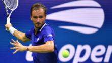 Russia&#39;s Daniil Medvedev hits a return to France&#39;s Richard Gasquet during their 2021 US Open Tennis tournament men&#39;s singles first round match at the USTA Billie Jean King National Tennis Center in New York, on August 30, 2021. (Photo by Ed JONES / AFP) (Photo by ED JONES/AFP via Getty Images)