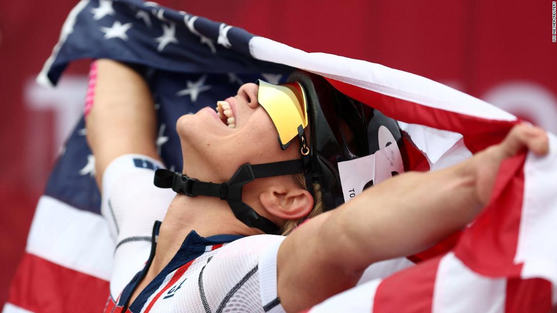 US cyclist Oksana Masters celebrates after winning gold in a road race on Wednesday, September 1.