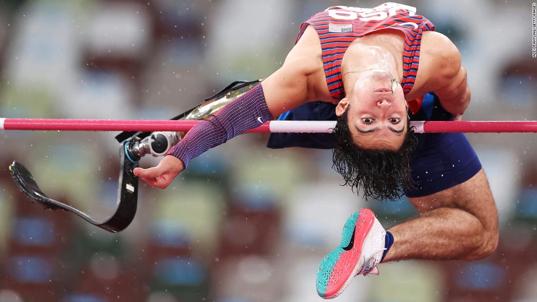 The United States&#39; Ezra Frech competes in the high jump on August 31.