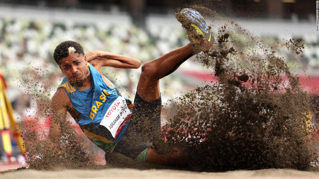 Brazil&#39;s Michel Gustavo Abraham de Deus competes in the long jump on August 31.