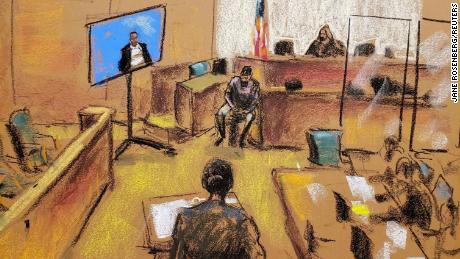 A courtroom sketch shows Nathan Edmond, the minister who married Aaliyah and R. Kelly, testifying via video during Kelly&#39;s trial at Brooklyn&#39;s Federal District Court on Wednesday.