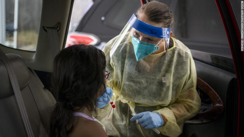 A healthcare worker administers a Covid-19 test to a child at the Austin Regional Clinic drive-thru vaccination and testing site in Austin, Texas, on Thursday, Aug. 5, 2021. 
