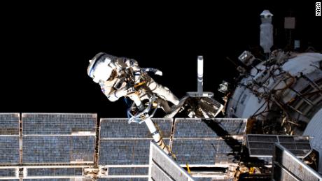Roscosmos cosmonaut Pyotr Dubrov is pictured during a previous spacewalk.