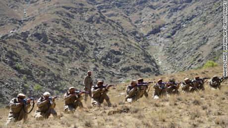 Afghan resistance movement and anti-Taliban forces conduct military training at the Malimah area of Dara district in Panjshir province on September 2.