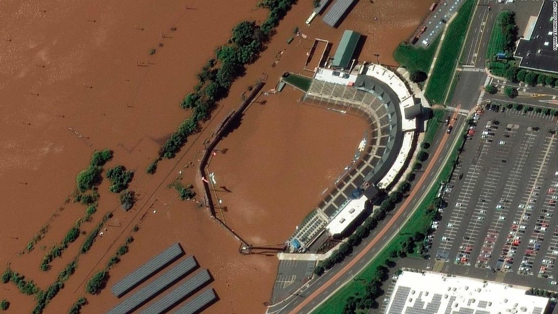 The stadium for the Somerset Patriots, a minor-league baseball team in Bridgewater Township, New Jersey, is partially flooded by overflow from the Raritan River on Thursday, September 2.