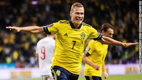 Claesson celebrates Sweden&#39;s second goal.