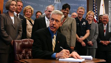 With union representives standing behind him, then-California Gov. Gray Davis signs the state budget in 2003.