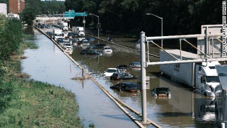 Cars sit abandoned on the flooded Major Deegan Expressway in the Bronx following a night of heavy wind and rain from the remnants of Hurricane Ida on September 02, 2021 in New York City. 